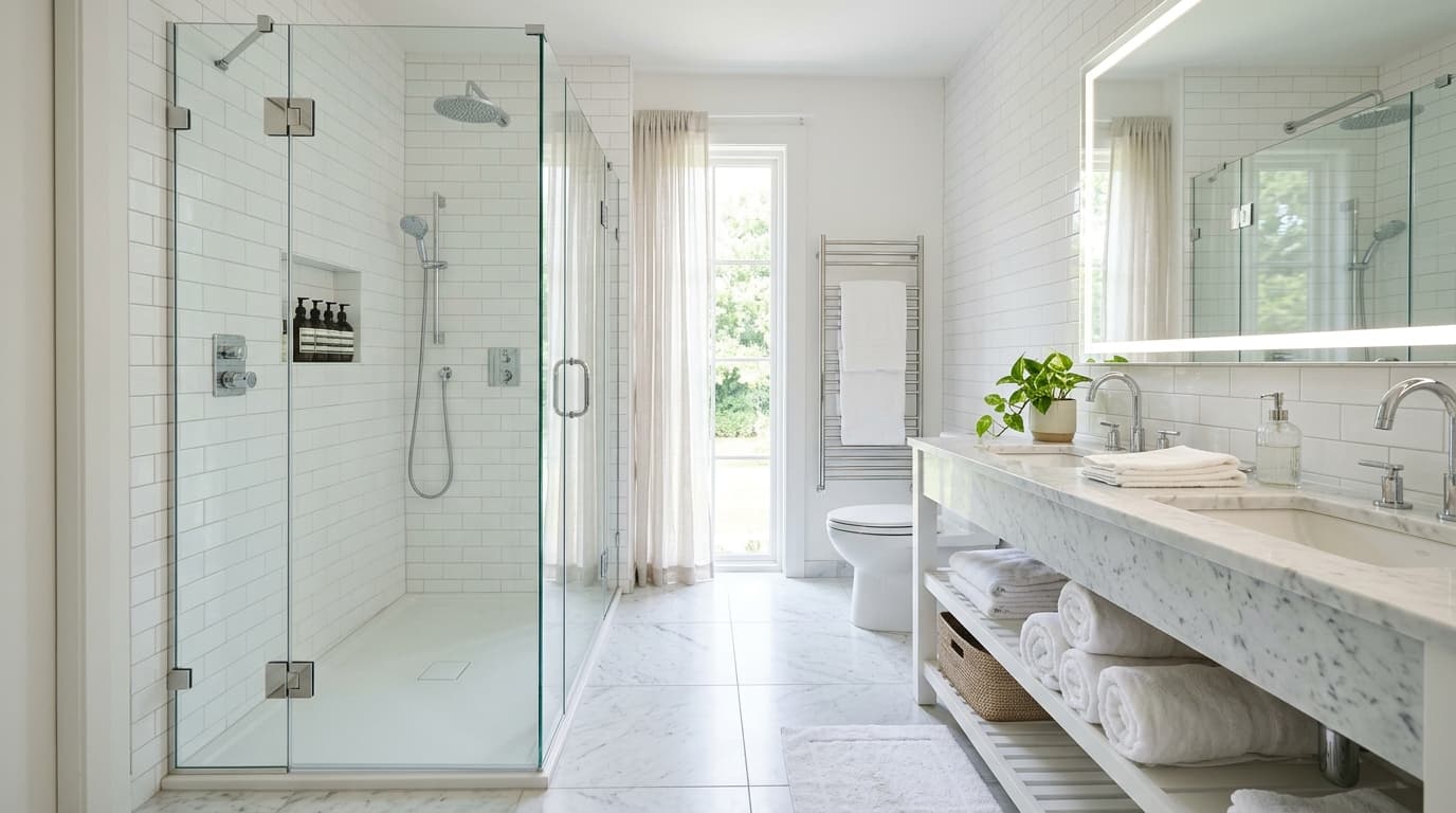 Sparkling clean sanitized bathroom with glass shower and marble vanity