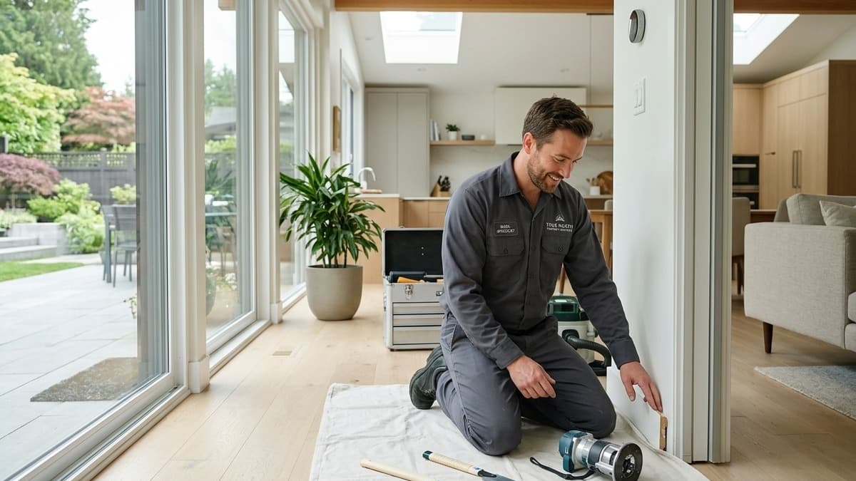 Handyman specialist installing and repairing residential trim and baseboard moulding